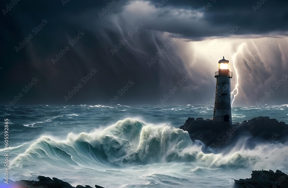 lighthouse at night. Resilience Amidst Chaos: Capturing the Drama of a Stormy Seascape
