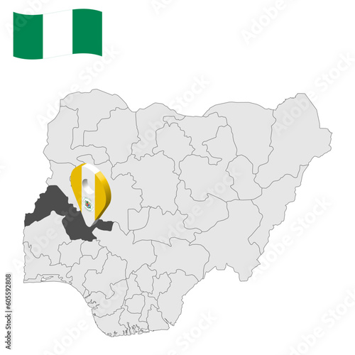 Location Kwara State on map Nigeria. 3d Kwara location sign. Flag of Nigeria. Quality map with  States of Nigeria for your web site design, logo, app, UI. Stock vector. EPS10.