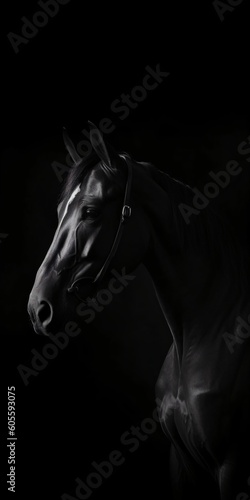 black horse isolated on black background, generative ai