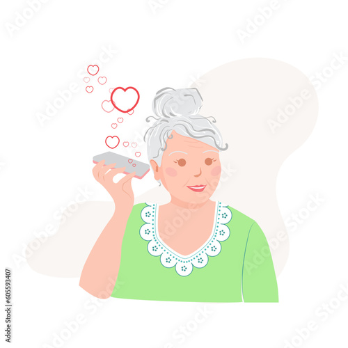 Smiling senior woman getting love hearts on her phone. Wearing green shirt. Vector illustration.