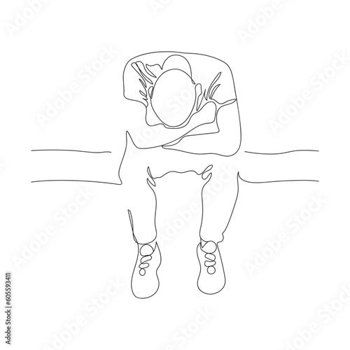 Man sitting on bench, put head on knees. Black and white vector illustration in line art style.