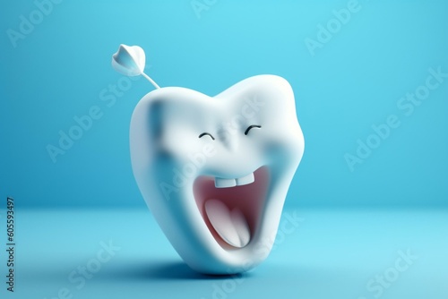 3D happy tooth over blue background. Generative AI