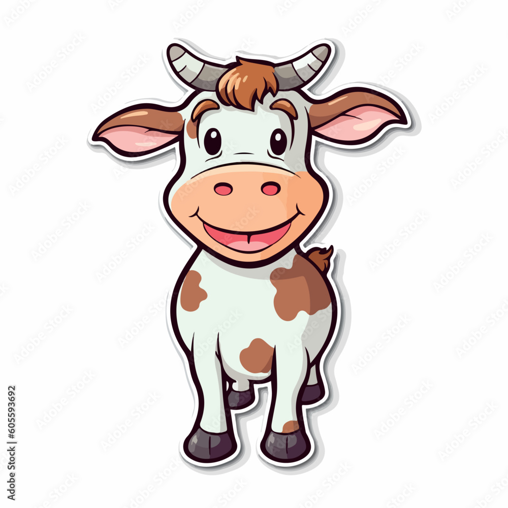Cow flat drawing. Little calf cute kawaii style. Cartoon character animal in baby manner. For kids game, animation, app. Milk dairy products. Sticker, emoji, icon, logo, simple vector. Generative AI