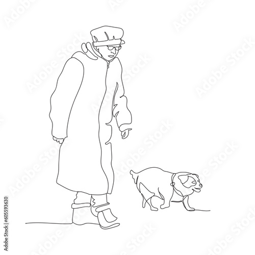 Senior woman walking with dog outdoor on cold day. Vector illustration in lineart style.