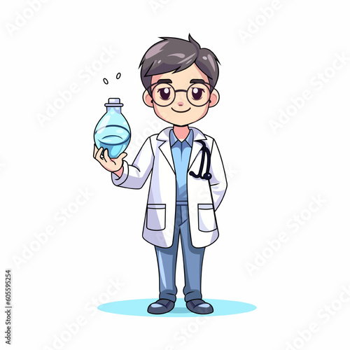 Doctor, medicine, healthcare concept. Young smiling general practitioner in white uniform cartoon character. Medicare, therapist, pharmacist illustration. Anime Doctor