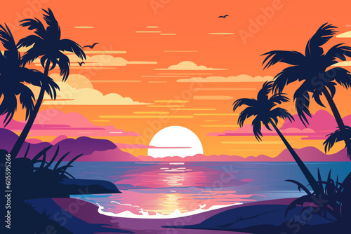 Evening on the beach with a beautiful landscape of palm trees. Evening on the beach with palm trees. colorful picture for rest. Palm trees at sunset. Orange sunset. Summer sunset. Paradise beach sunse © LoveSan