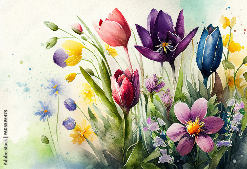 Beautiful spring flowers on a white background. Digital painting. Toned. Beautiful spring flowers on a white background. Digital painting. Toned.