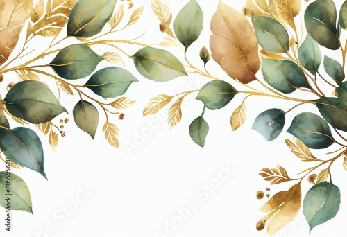 Watercolor hand painted floral background with green leaves and branches. Illustration generative ai