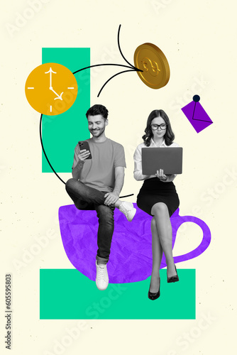 Composite collage picture of two partners working their gadgets spend time receiving online payment bitcoin isolated on beige background