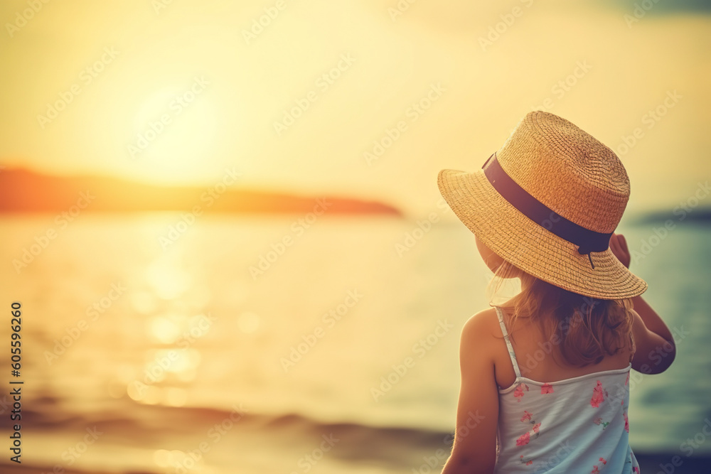 Little Girl With Straw Hat Enjoys Sunset By Water At The Beach - Generative AI