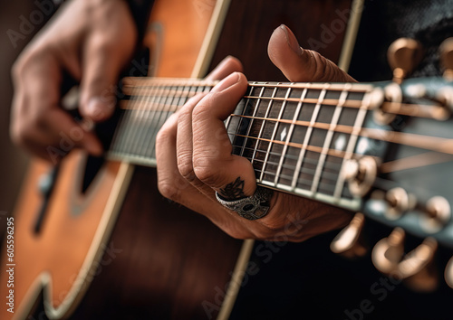 Close-Up Shot Of Skilled Musician Playing Vintage Guitar - Generative AI
