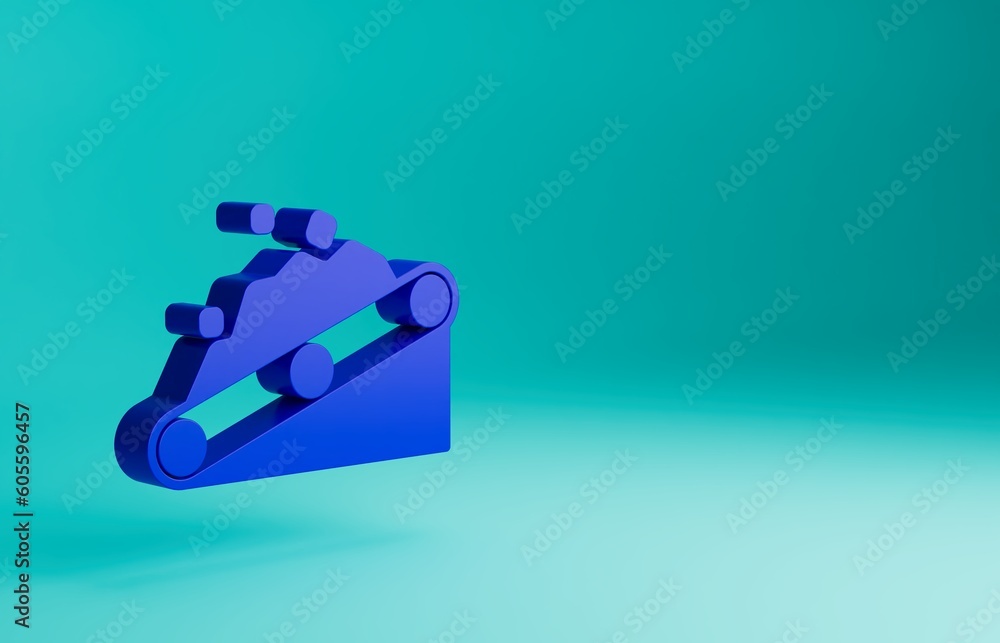 Blue Conveyor belt carrying coal icon isolated on blue background. Minimalism concept. 3D render illustration