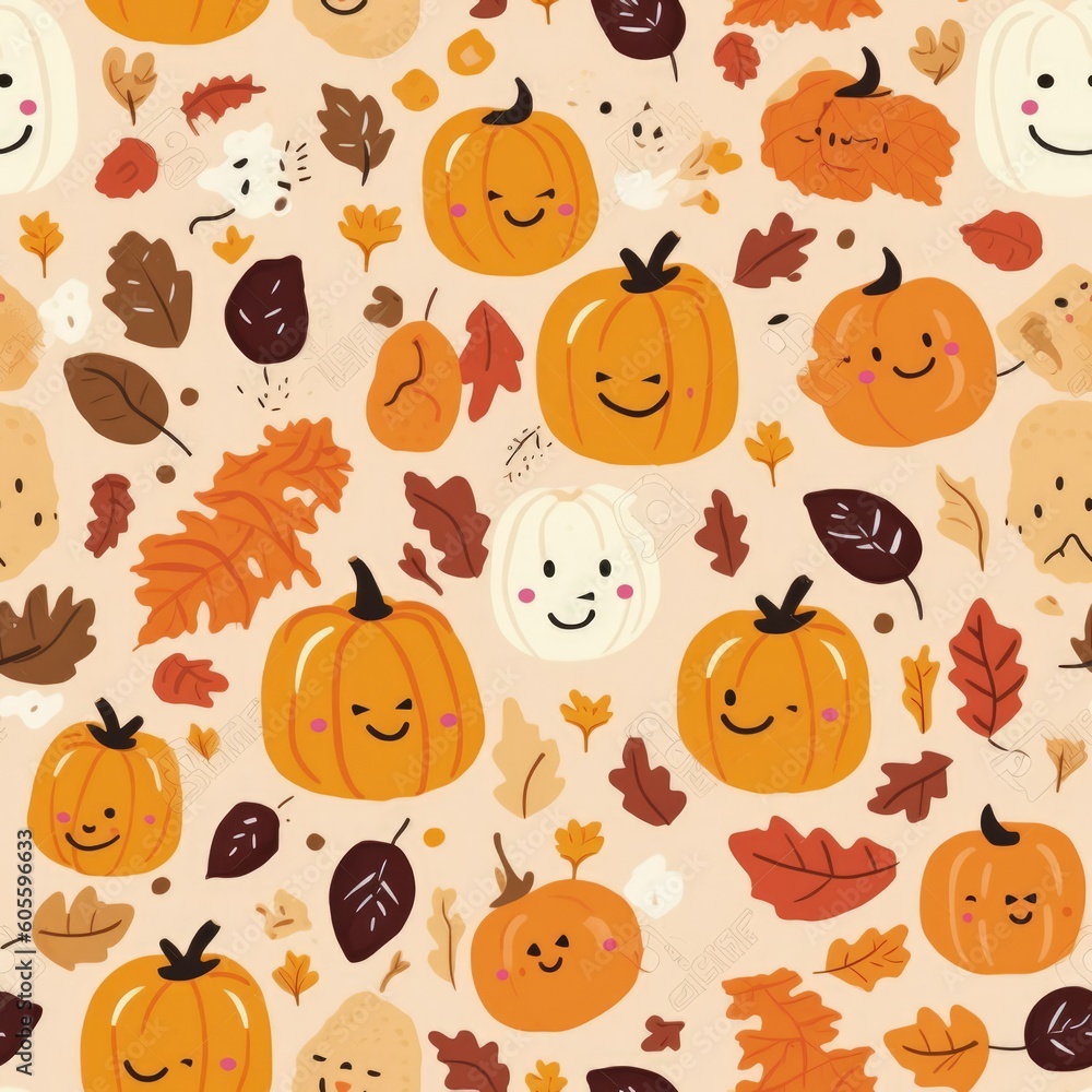 Seamless/Tiled Autumn Pattern: Vibrant Fall Colors, Cute Motifs and Cheerful Elements, Joyful Design of Seasonal Splendor, Conjuring Warmth and Happiness - Generative AI