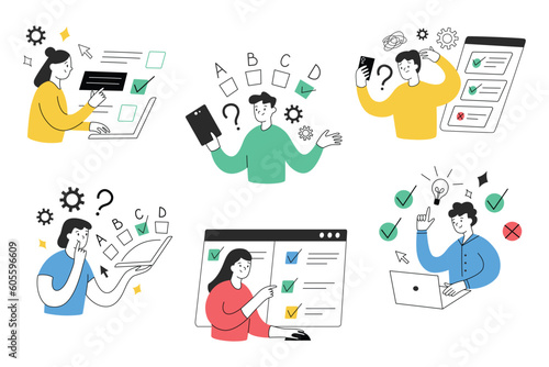 Person passing online test. Students choosing right answers, answering survey questions. Educational, psychological quiz. Hand drawn set of compositions with online interface, giving feedback scenes