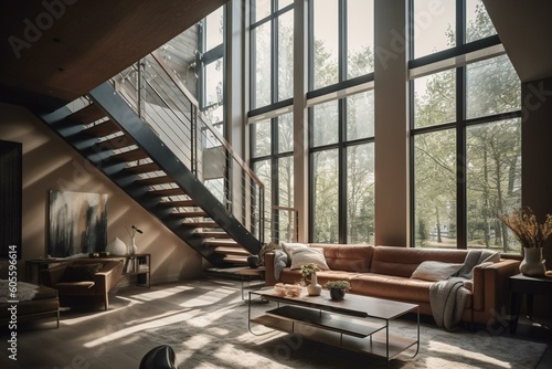 Contemporary two-story living room filled with natural light from wide windows. Generative AI
