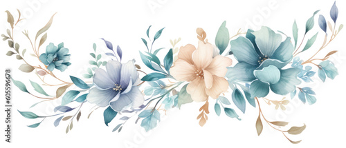 Watercolor floral painting in blue and beige colors isolated on a white background. Created with generative AI technology.