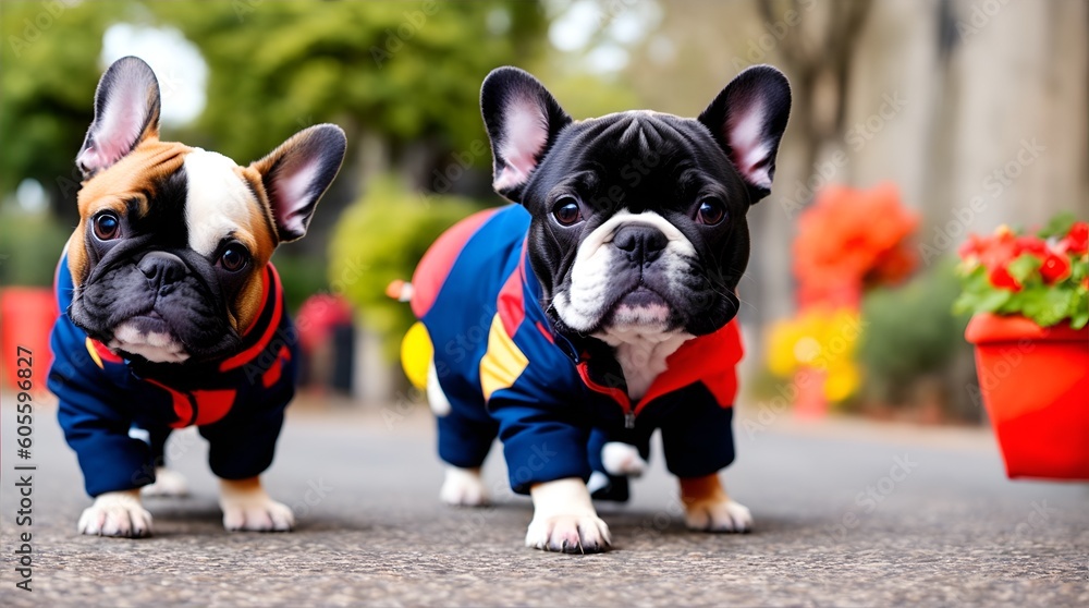 a tow cute french bulldog wearing a jacket

