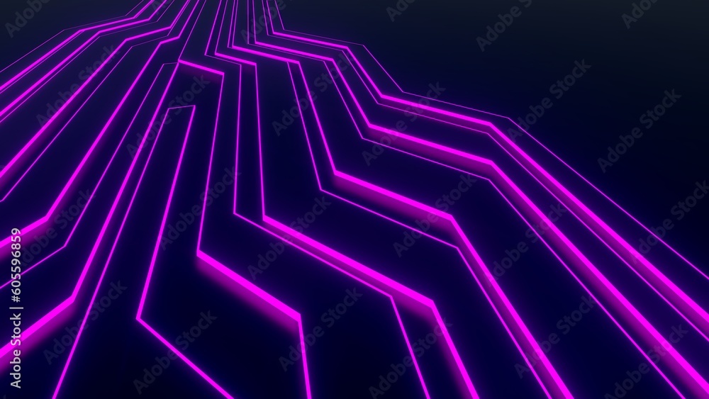 Abstract technology background geometric pattern glowing purple neon on black backdrop 3d render Abstract technology background geometric pattern glowing purple neon on black backdrop 3d render