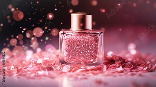 Makeup cosmetics, shiny glossy lip gloss or nail polish, liquid glitters in bottle, pink glitter background, Barbicor style. Generative AI