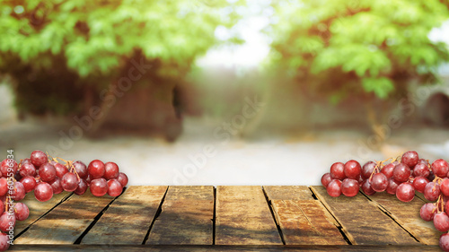 Beautiful wooden tabletop isolated background, green natural tree or grape farm orchard surround for agricultural products.