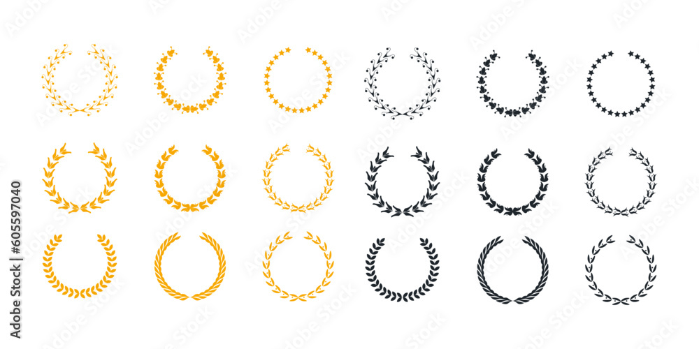 vector Set of wreaths and branches with leaves. Hand drawing laurel wreaths and branches collection vector Set of wreaths and branches with leaves. Hand drawing laurel wreaths and branches collection