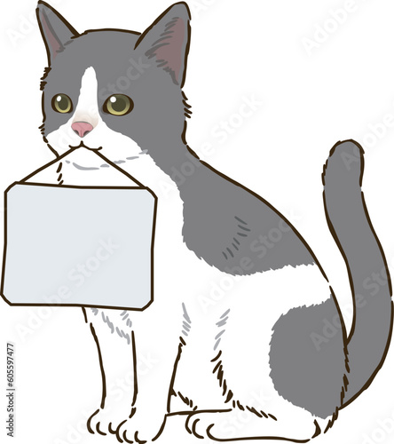 メッセージボードを咥える猫（バイカラー）