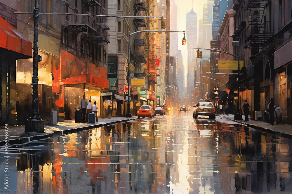 oil, paint, abstract, city, cityscape, rainy, reflection