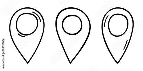 Map pin icon in doodle style. Hand drawn location pointer isolated on white background. Navigation sign. Destination pictogram. Geo tag label. Vector graphic illustration