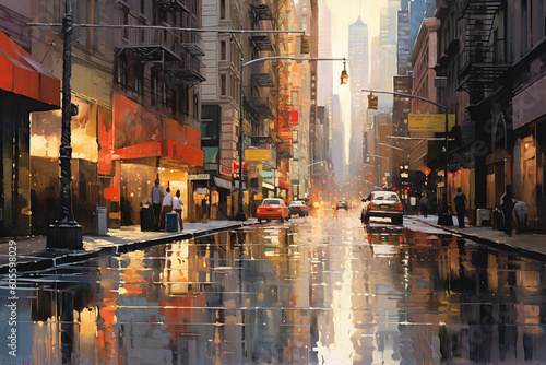 oil, paint, abstract, city, cityscape, rainy, reflection