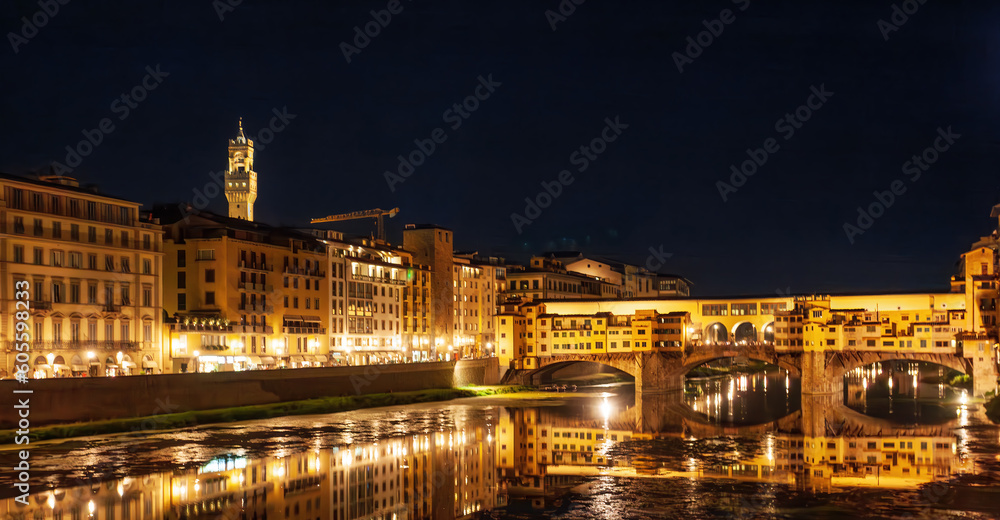 River Arno and famous bridge Ponte Vecchio at night from Ponte Santa Trinita in Florence, Tuscany, Italy