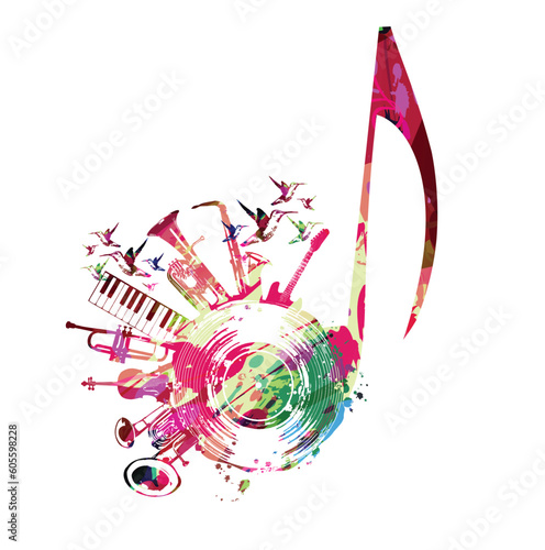Colorful musical poster with quaver, LP vinyl record disc and musical instruments vector illustration. Playful background for live concert events, music festivals and shows, party flyer