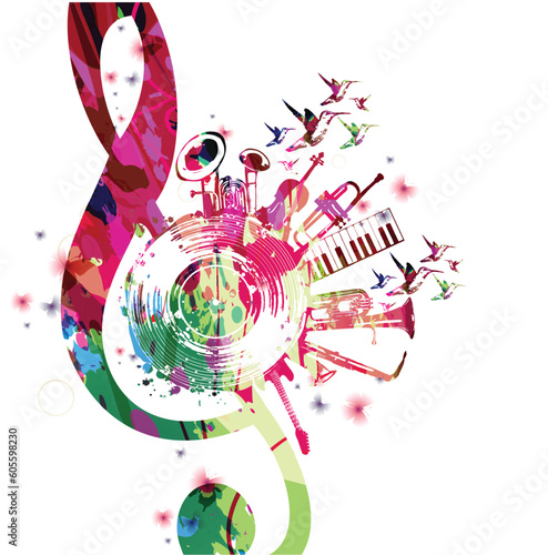 Colorful musical poster with G-clef, LP vinyl record disc and musical instruments vector illustration. Playful background for live concert events, music festivals and shows, party flyer