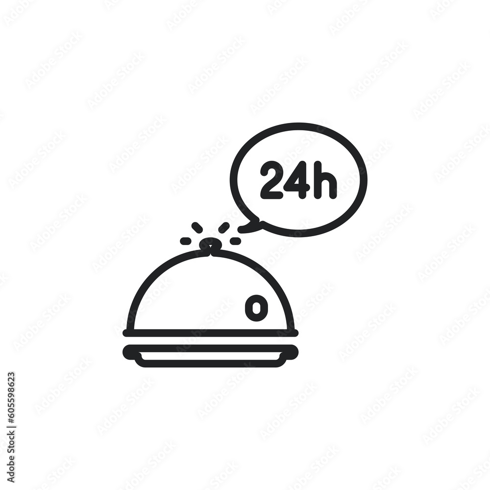 Fototapeta premium Cloche, dome for restaurant dishes with 24 hours outline icons. Vector illustration. Isolated icon suitable for web, infographics, interface and apps.