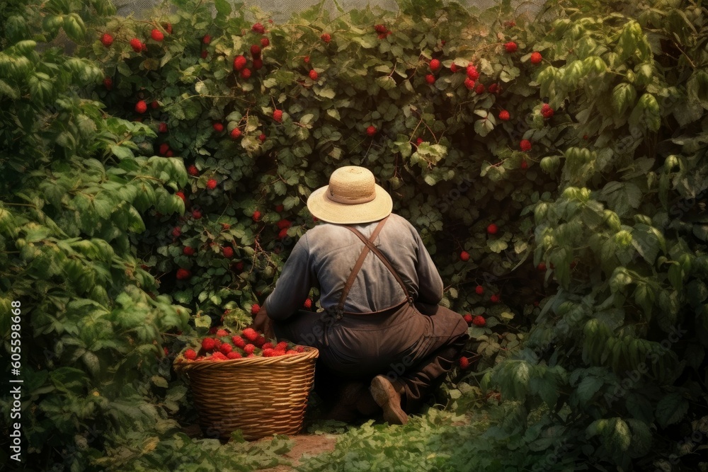 Man basket for berries. Generate Ai