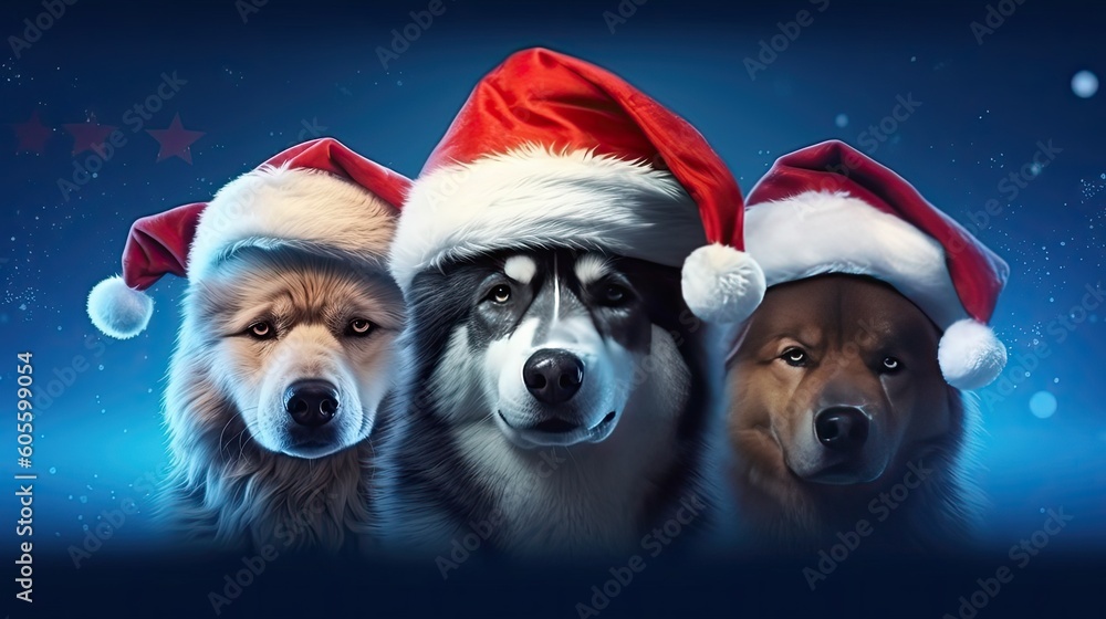 Banner of three dogs pet celebrating christmas wearing a Santa hats. Generative AI