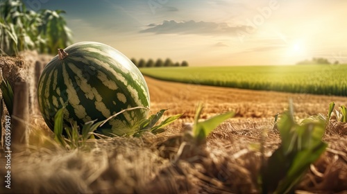 Melon fresh fruit in the landscape background. Generative AI