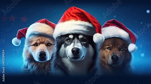 Banner of three dogs pet celebrating christmas wearing a Santa hats. Generative AI © tanyastock