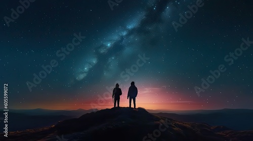 Dark silhouette of young couple hiker were standing at the top of the mountain looking at the stars at twilight sky. Generative AI