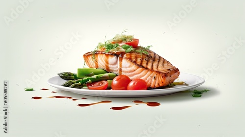 Grilled salmon steak with asparagus and tomatoes cherry on a white plate isolated on white background. Generative AI