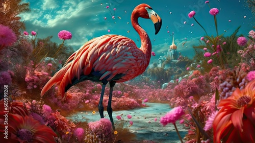 Flamingo in field of wild flowers. Generative AI