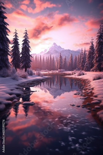 Mountain lake with perfect reflection at sunrise. Beautiful landscape with purple sky, snowy mountains at twilight. Generative AI