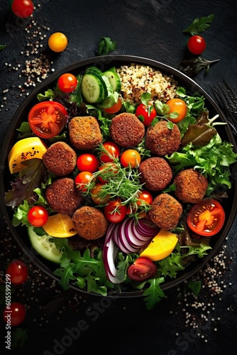 Falafel salad vegetarian dish on black stone surface background. Generative AI