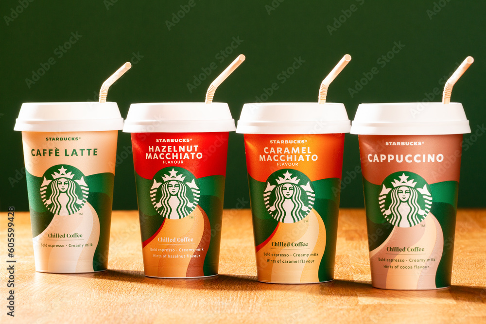 Starbucks four coffee variations or flavors, Caffe Latte, Hazelnut