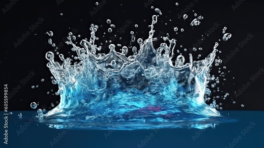 Blue water crown splash and wave swirl with drops. Liquid splashing aqua dynamic motion. Generative AI Blue water crown splash and wave swirl with drops. Liquid splashing aqua dynamic motion. Generative AI