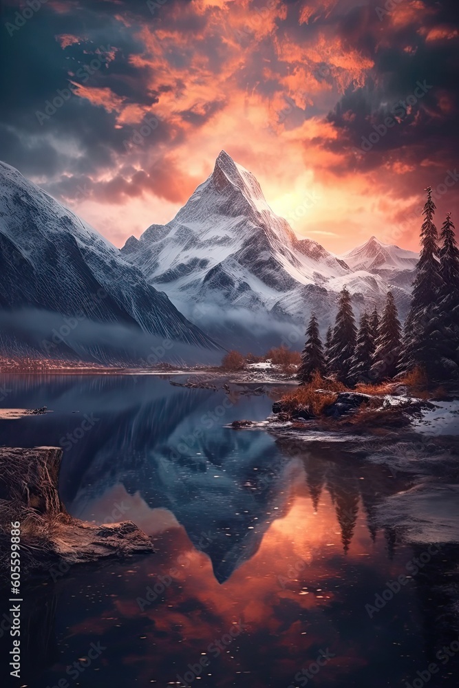 Majestic view of rocky mountains covered with snow near frozen lake under cloudy sunset sky. Generative AI