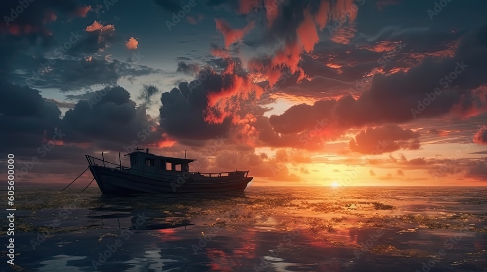 Boat view of travel under the beautiful dramatic sunset sky. Generative AI