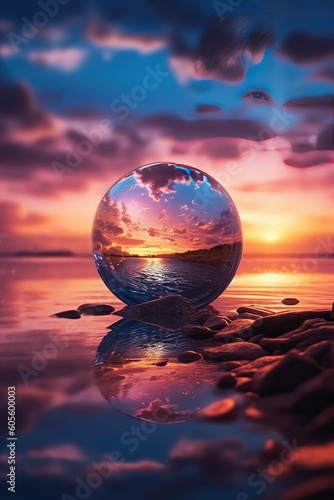 Glass ball with view of sunset into the calm ocean with twilight sky. Generative AI