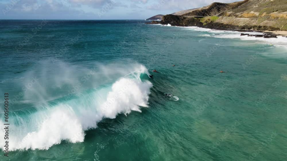 Sandy Beach Oahu Hawaii, bodyboarding and bodysurfing in shorebreak, slow motion clear water aerial Sandy Beach Oahu Hawaii, bodyboarding and bodysurfing in shorebreak, slow motion clear water aerial