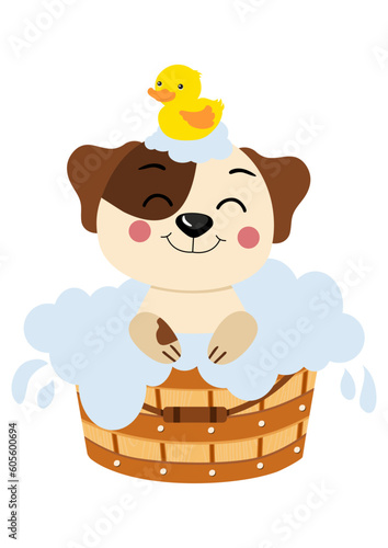 Cute dog taking a bath in wooden tub