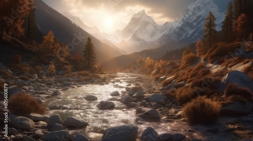 Beautiful Golden Hour Of A Mountain With River Landscape Wallpaper Generative AI